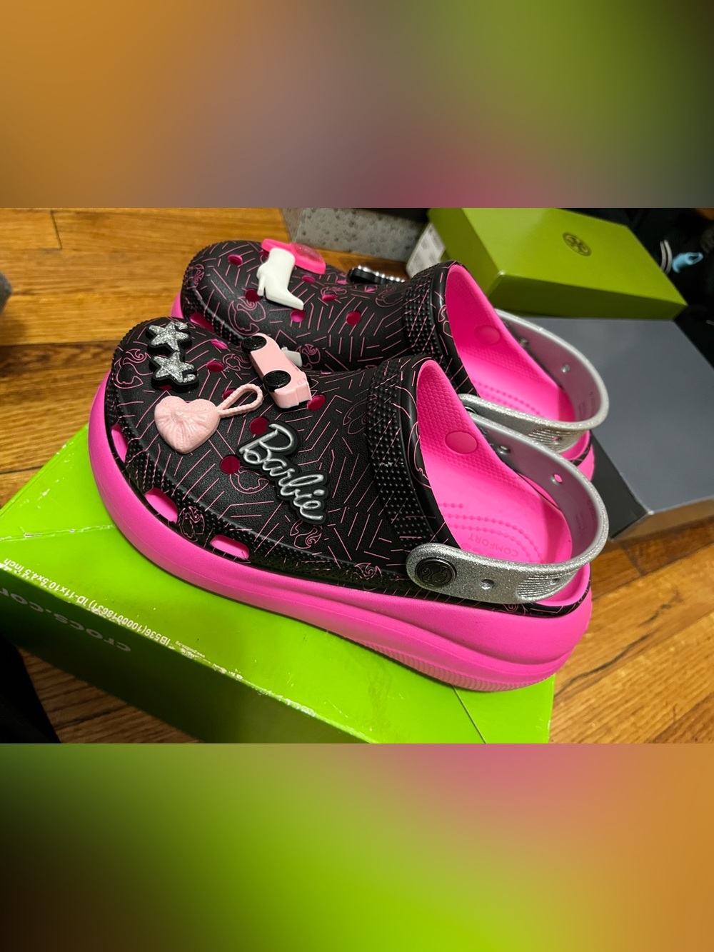 CROCS Barbie Black & Hot Pink Platform Clogs with Charms (USED)